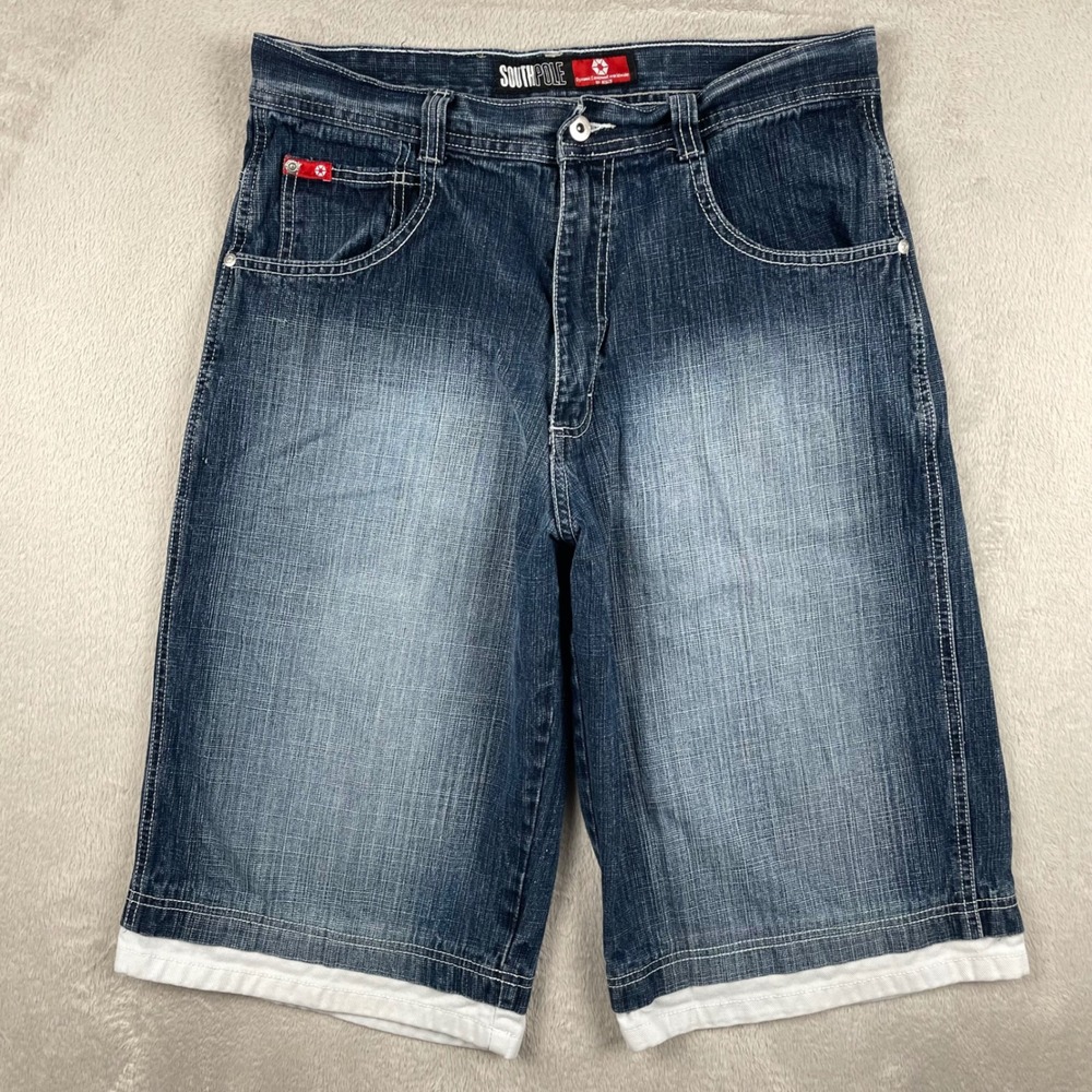 VTG Southpole Denim Shorts Mens 34 Blue Baggy Jorts Y2K Hip Hop Layered Hem 15" - Picture 2 of 10